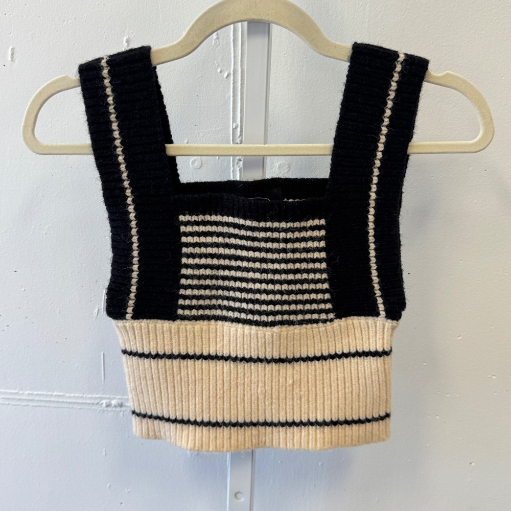Cider Black Cream Striped Knit Crop Top Sleeveless Square Neck Small Colorblock